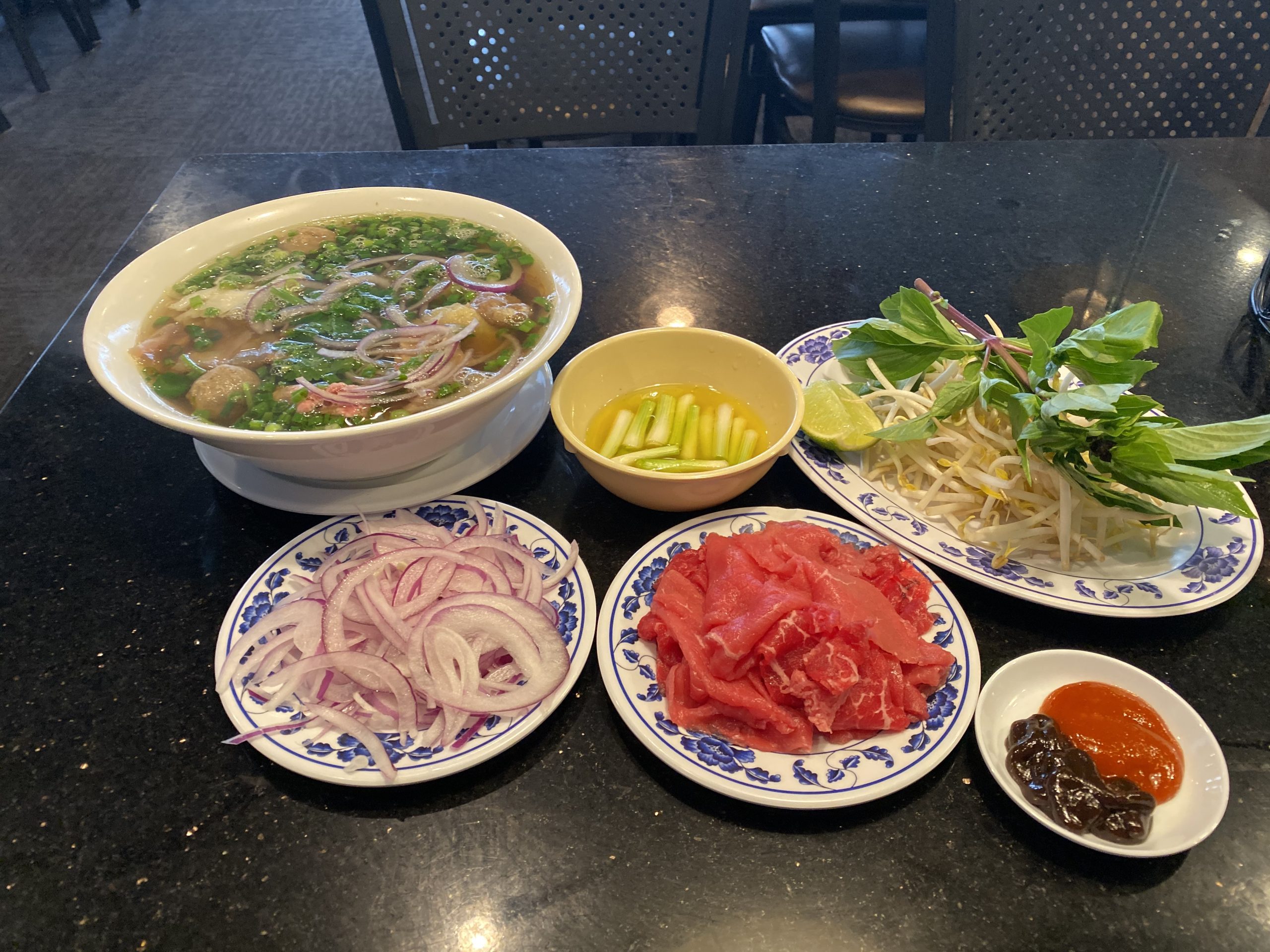 meatball pho with accoutrements