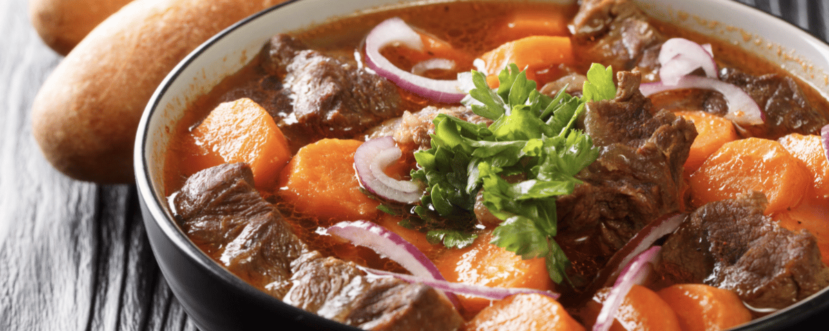 Authentic Vietnamese Beef Stew Bo Kho closeup in bowl.