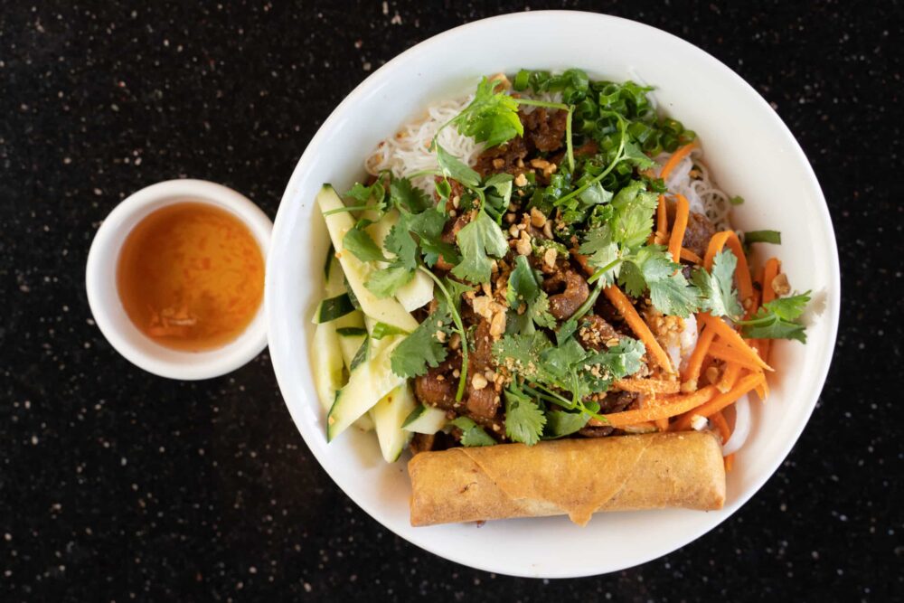 overhead point of view of vermicelli (rice noodles) with rolls