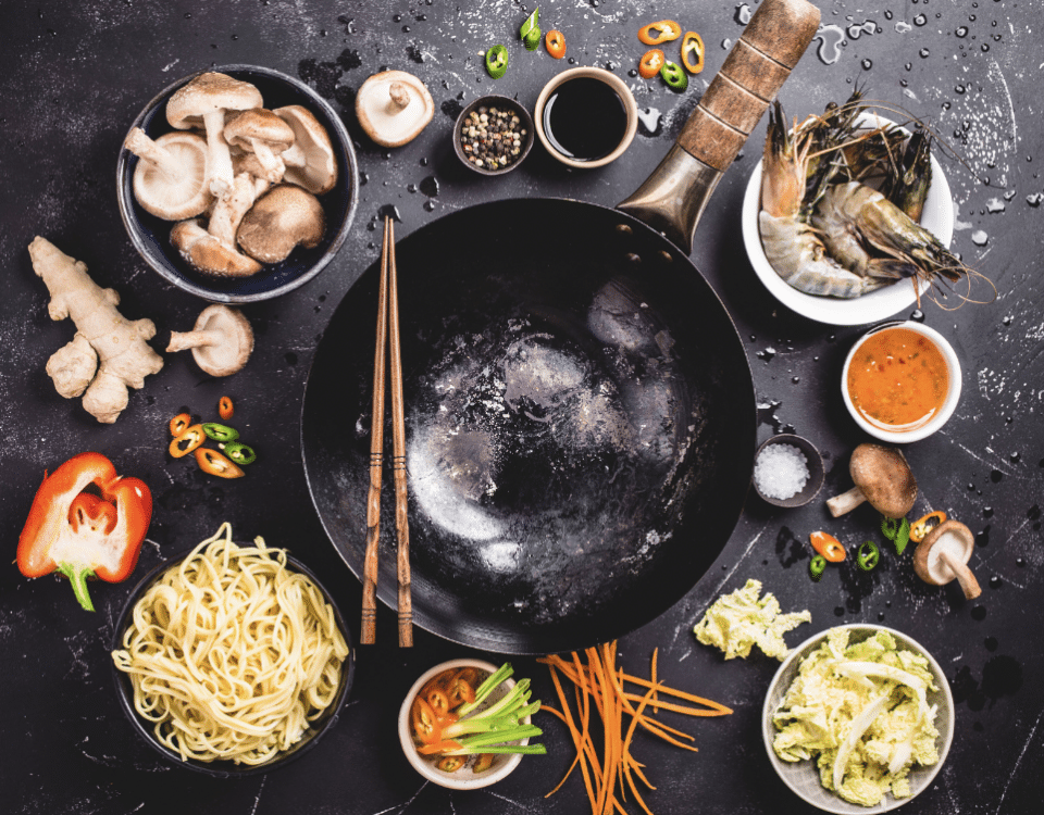Asian cooking concept: wok surrounded by individual ingredients