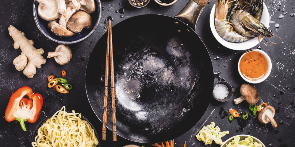 Asian cooking concept: wok surrounded by individual ingredients